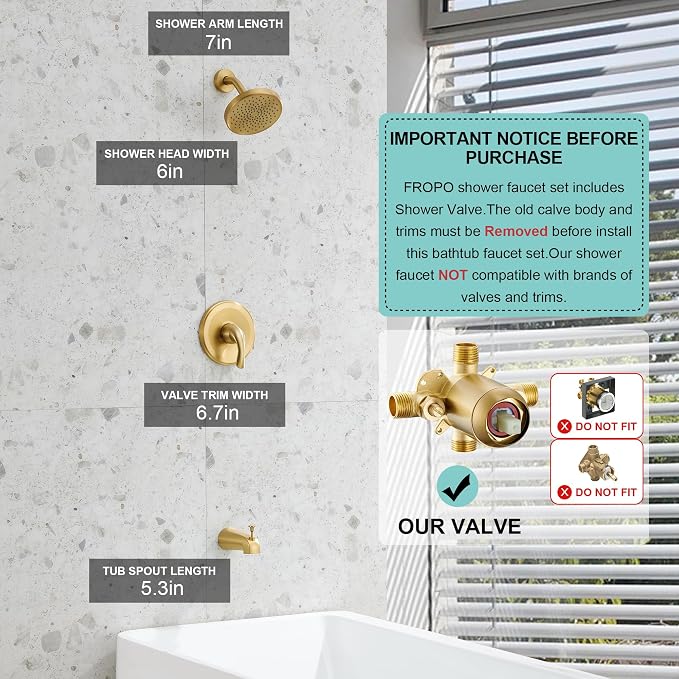 Brushed Gold Shower Tub Faucet Set With Valve - Gold Shower Head and Handle Set, Shower Faucet Set With 6 Inch Rain shower Head and Tub Spout, High-Pressure Tub Shower Trim Kit - Image 2