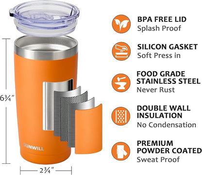 SUNWILL Travel Coffee Tumbler 20 oz, Insulated Mug with Lid, Stainless Steel Cup for Hot and Cold Drinks, Powder Coated Orange - Image 2