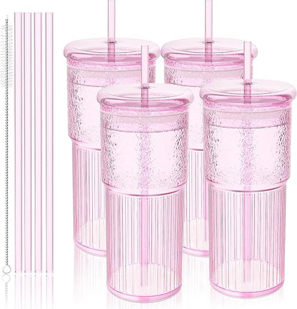 Luiaiog 20oz Glass Cups with Lids and Straws - Set of 4 Reusable Tumblers, Thickened Shatter-Resistant Glass, Ideal for Iced Coffee, Smoothies, Cocktails, Juices - Elegant & Durable Drinkware (Pink) by Luiaiog