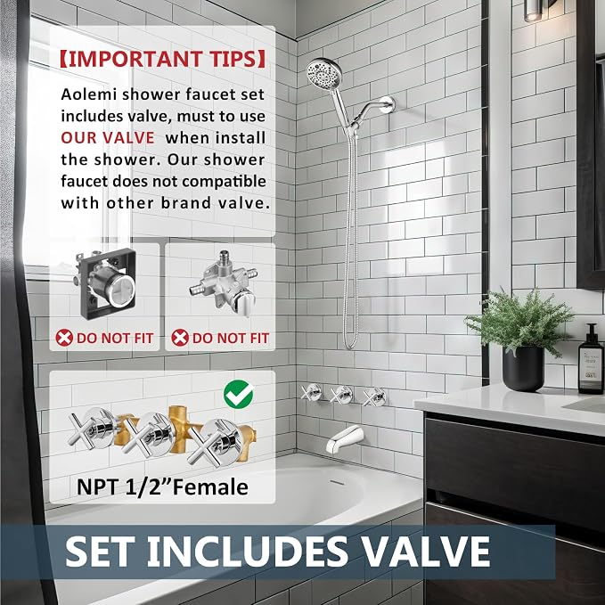 Aolemi 3 Handles Tub Shower Faucet Set with Valve Bathtub Combo Set Shower System Complete Trim Kit Wall Mounted Polish Chrome - Image 2