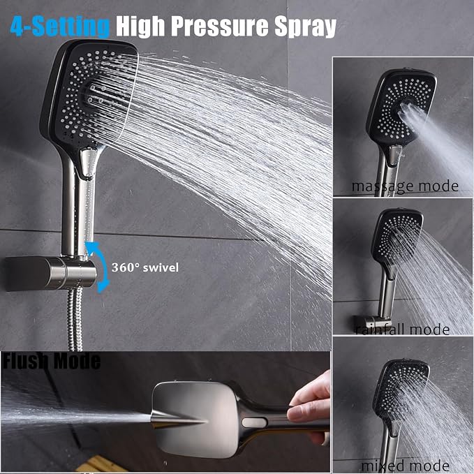 Shower Faucet Set with Tub Spout Brushed Nickel 10 Inch Rainfall Shower 4 Setting Spray Mixer Shower System Modern Luxury Wall Mounted Tub Shower Faucet Set Rough-in Valve Body (Brushed Nickel) - Image 6