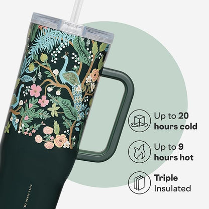 Corkcicle x Rifle Paper Co. Cruiser Insulated Tumbler with Handle & Straw - Keeps Drinks Cold 20 Hours - BPA-Free - Gift for Mom - Great for Mother's Day or Christmas - 40 oz - Peacock Blue - Image 3