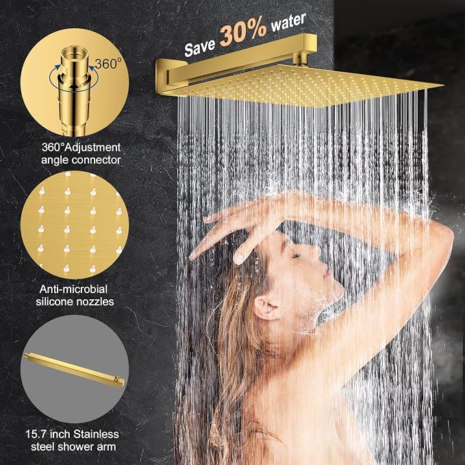 JOMEOO® 12 Inch Brushed Gold Shower Head with Tub Spout, 3 Function Wall Mounted Bathtub Shower Faucet Set, Bathroom High Pressure Rain Shower Head with Handheld Sprayer Rough in Valve Body and Trim - Image 3