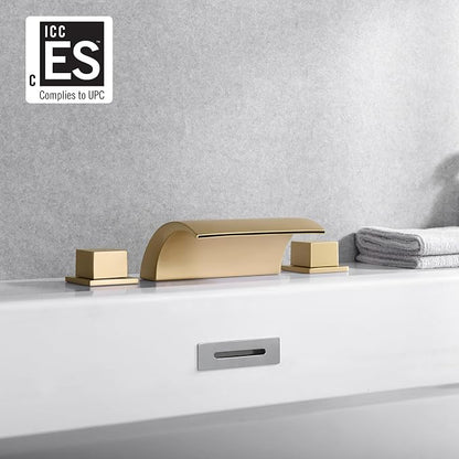 SUMERAIN Bathroom Roman Tub Faucet with Waterfall Spout, 3 Hole Deck Mount Bath Tub Filler Brushed Gold - Image 2