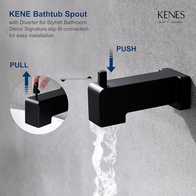 KENES Tub Shower Faucet Set Complete, Matte Black Tub and Shower Trim Kit with 6-Inch Rain Shower Head, Square Shower System, KE-6025A-2 (Shower Valve Included) - Image 8