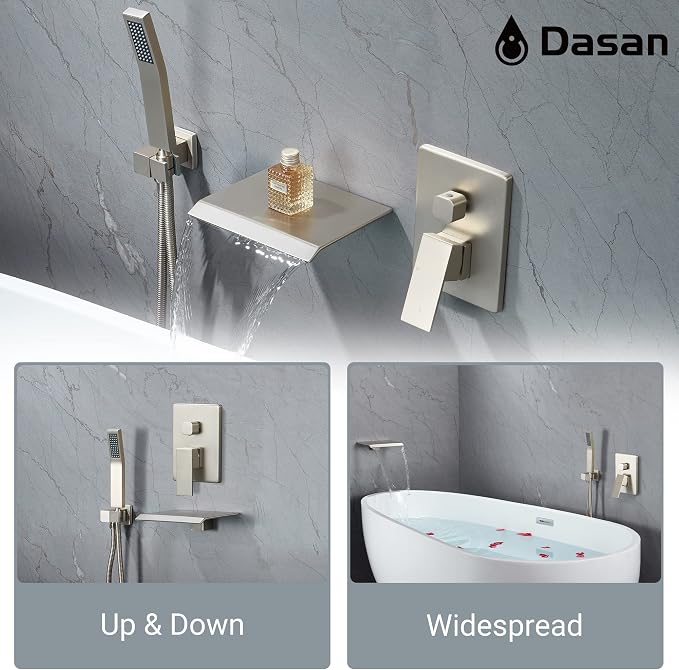 Upgraded Wall Mount Tub Filler Faucet with Handheld Shower, DASAN Modern Wall Mounted Bathtub Faucet Brushed Nickel High Flow Waterfall Tub Faucet with Rough in Valve, SA-TF04WH-BN - Image 3