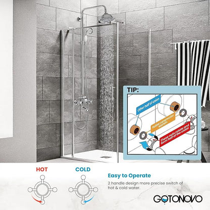 gotonovo Bathroom Exposed Shower Faucet Outdoor Shower System 8 Inch Rainfall Shower Head Set with Tub Spout and Handheld Spray Double Cross Handles Wall Mount without Shower Shelf Polished Chrome - Image 5