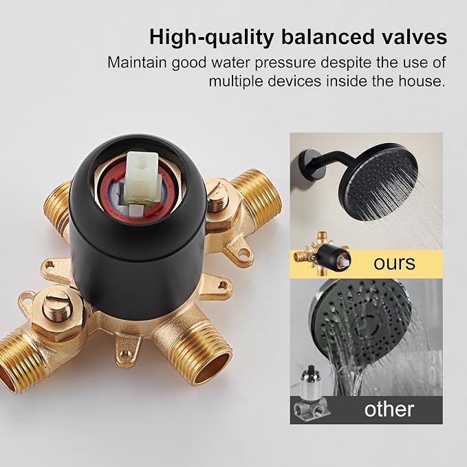 Tub Shower Faucet Set With Valve - 6 Inch Black Shower Head and Handle Set, High Pressure Bathtub Faucet With Rain Shower Head and Tub Spout Single-Spray, Matte Black - Image 6