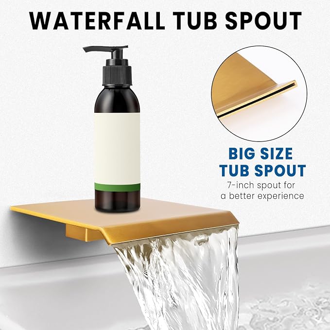 Wall Mounted Shower Faucet Set, Shower System with Tub Spout, 10 Inch Rainfall Shower Head with Handheld Spray, Waterfall Tub Spout Bathtub Faucet, Brushed Gold - Image 4