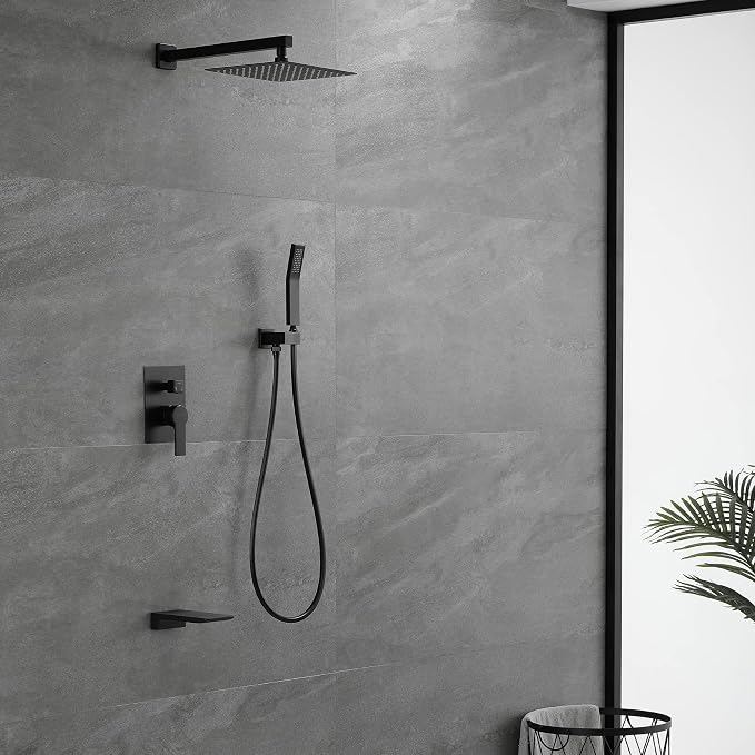 SHAMANDA Shower System with Waterfall Tub Spout and Handheld Shower Head, 10" Rain Shower Faucet Sets Complete with Shower Round-in Valve and Trim Wall Mount, Matte Black, L1010-7 - Image 6