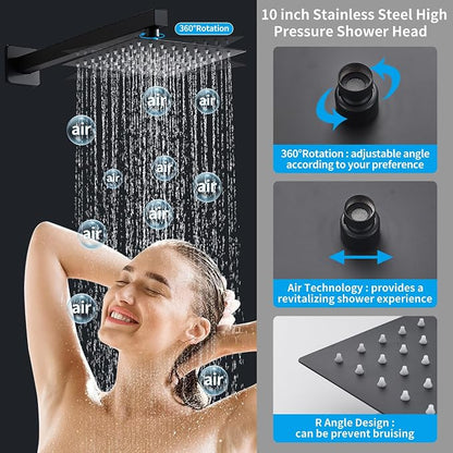 10 Inch Matte Black Shower Faucet Set with Rain Shower Head and Handheld Spray, Wall Mounted Rainfall Shower Head with Handheld Combo, Bathroom luxury Shower System with Valve and Trim - Image 3