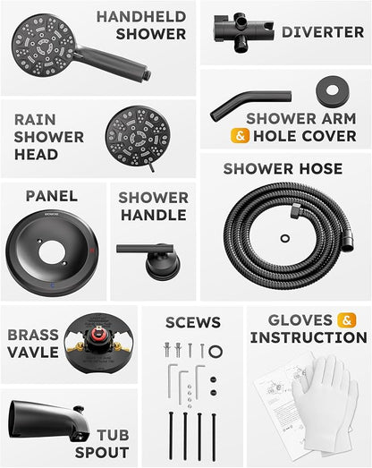 Shower Tub Faucet Head Set Black : WOWOW Black Shower Head and Handle Set with 7 Modes Handheld Shower Head with Hose and Tub Spout, Dual 2 In 1 Shower System Combo Single Handle (Brass Valve Include) - Image 8