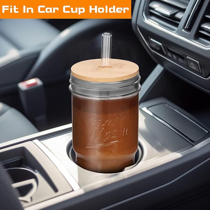 ANOTION Glass Cups with Lids and Straws 4 Packs, 24oz Travel Coffee Mug Bamboo Mason Jar Valentines Party Drinking Jars Glasses Cute Clear Glass Tumbler for Iced Coffee, Smoothie, Tea, Water - Image 3