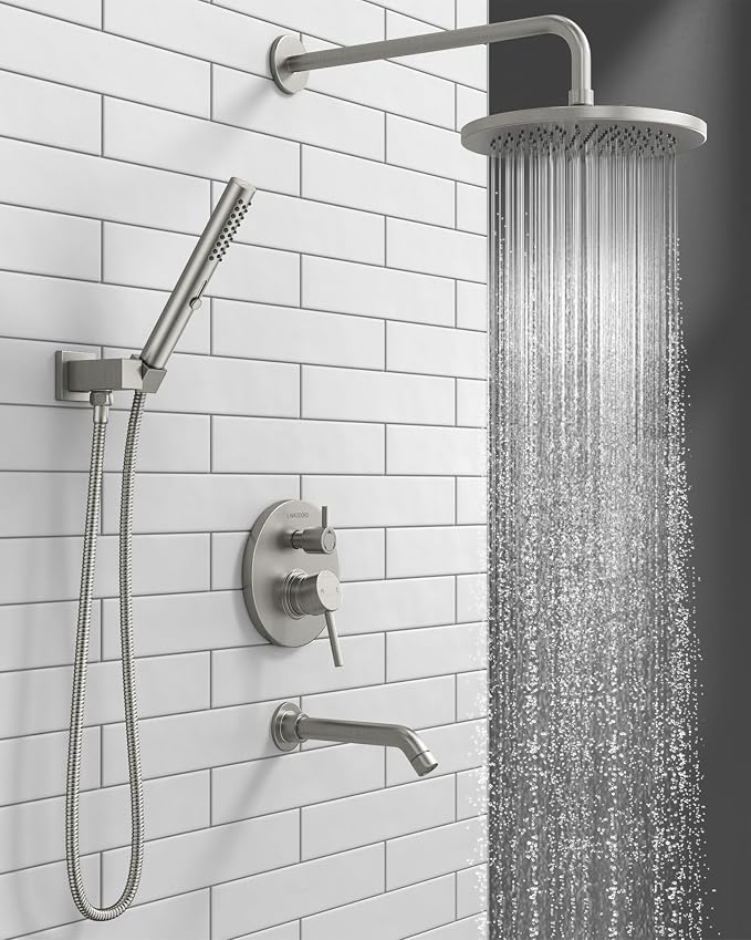Lava Odoro Modern 3-Setting Round Rain Bathtub and Shower Faucet Set, Brushed Nickel Rainfall Shower Head and Handle Set, Rain Shower System with Tub Spout, Shower Valve Trim Kit, SF104-BN-T - Image 2