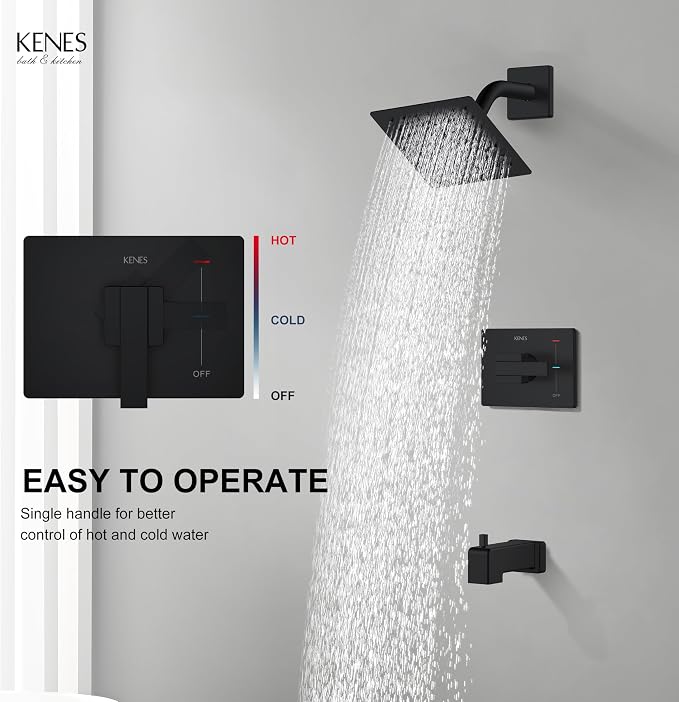 KENES Tub Shower Faucet Set Complete, Matte Black Tub and Shower Trim Kit with 6-Inch Rain Shower Head, Square Shower System, KE-6025A-2 (Shower Valve Included) - Image 4