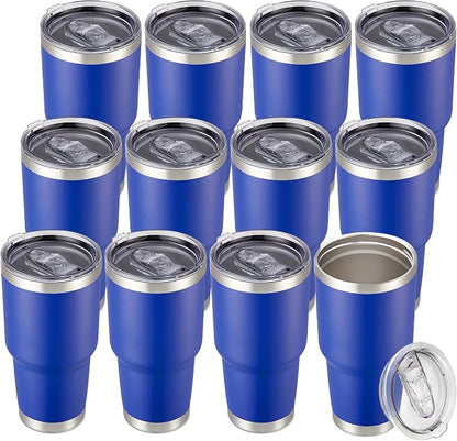 30 oz Tumbler with Lid Stainless Steel Tumblers Bulk Vacuum Insulated Cup Reusable Powder Coated Travel Mug Double Wall Leak Proof Cups Keep Cold Drinks for 12 Hours Blue, Set of 12 by CoolYoleb