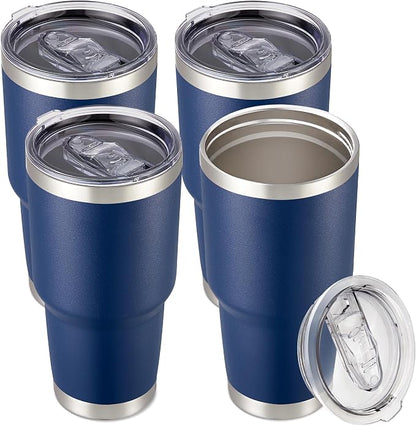 30 oz Tumbler with Lid Stainless Steel Tumblers Bulk Vacuum Insulated Cup Reusable Powder Coated Travel Mug Double Wall Leak Proof Cups Keep Cold Drinks for 12 Hours Navy, Set of 4 by CoolYoleb