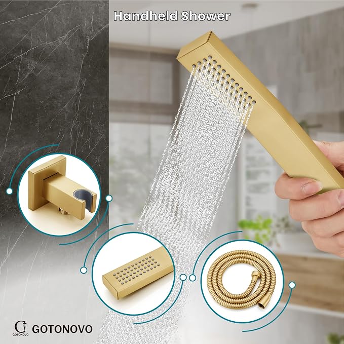 gotonovo Shower System with Tub Spout Wall Mounted Rain Shower Head and Handle Combo Shower Faucet Set with Valve, 10 Inch, Brushed Gold - Image 6