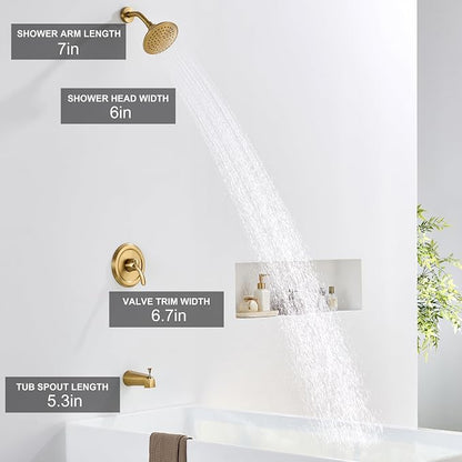 Brushed Gold Shower Tub Faucet Set with Valve, 6-Inch Gold Shower Head and Handle Set, High Pressure Shower Tub Trim Kit, Bathroom Shower Faucet Set With Shower Head and Tub Spout - Image 3
