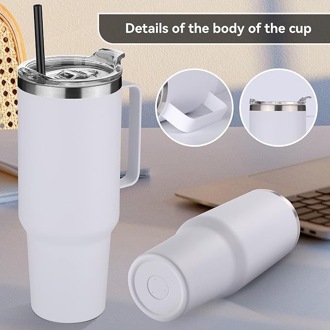 HASLE OUTFITTERS 40 oz Stainless Steel Tumbler with Handle, Vacuum Insulated Tumblers Bulk, Reusable Double Wall Travel Coffee Mug, Durable Powder Coated Water Bottles(White, 8) - Image 5