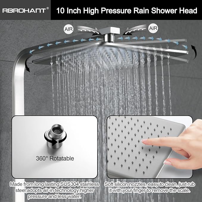 RBROHANT Brushed Nickel Exposed Shower System with Tub Spout, Exposed Shower Fixtures for Bathroom with Brass 3-Functional Valve, Shower Height Adjustable, Wall Mounted - Image 8