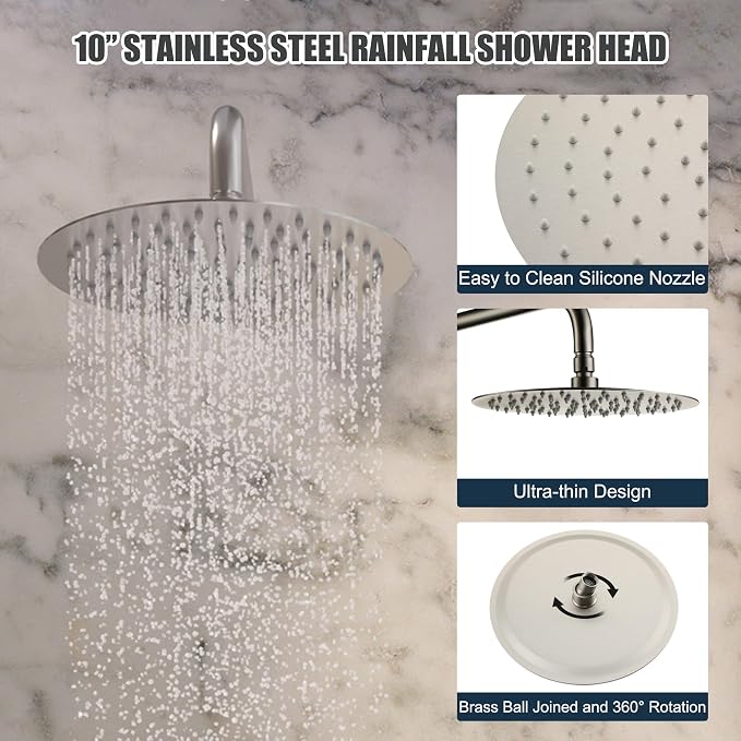 MONDAWE Round Shower Faucet Set, Wall Mounted Shower System 10 Inch Rainfall Shower Head with Handheld Combo, Brushed Nickle High Pressure Shower Set -Valve Included - Image 4