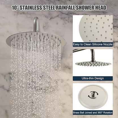 MONDAWE Round Shower Faucet Set, Wall Mounted Shower System 10 Inch Rainfall Shower Head with Handheld Combo, Brushed Nickle High Pressure Shower Set -Valve Included - Image 4