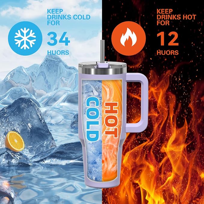 40 oz Tumbler with Handle,Tumbler with Lid and Straw,Double Wall Insulated Cup Stainless Steel Travel Mug(Cold for 34 Hours),Water Bottle for Iced Tea,Coffee,Cold Beverages(Purple) - Image 2