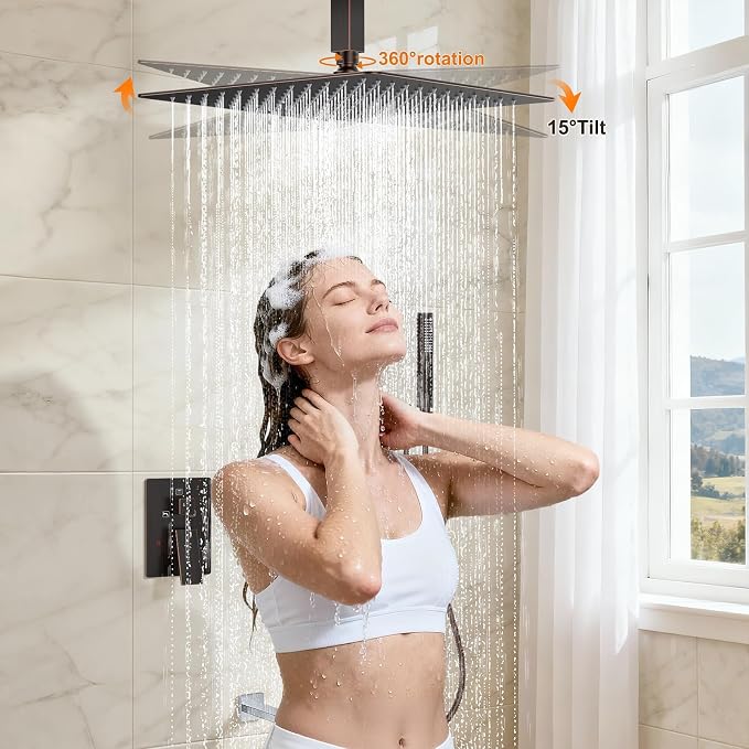 Oil Rubbed Bronze Shower System with Tub Spout, Ceiling Mounted Bathtub Shower Faucet Set, 12" Rainfall Shower Head and Handheld Shower Combo, High Pressure Shower Fixtures Set with Rough-in Valve - Image 6