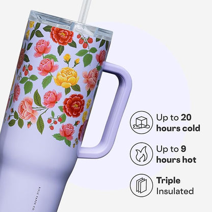 Corkcicle x Rifle Paper Co. Cruiser Insulated Tumbler with Handle & Straw - Keeps Drinks Cold 20 Hours - BPA-Free - Gift for Mom - Great for Mother's Day or Christmas - 40 oz - Roses Purple - Image 3