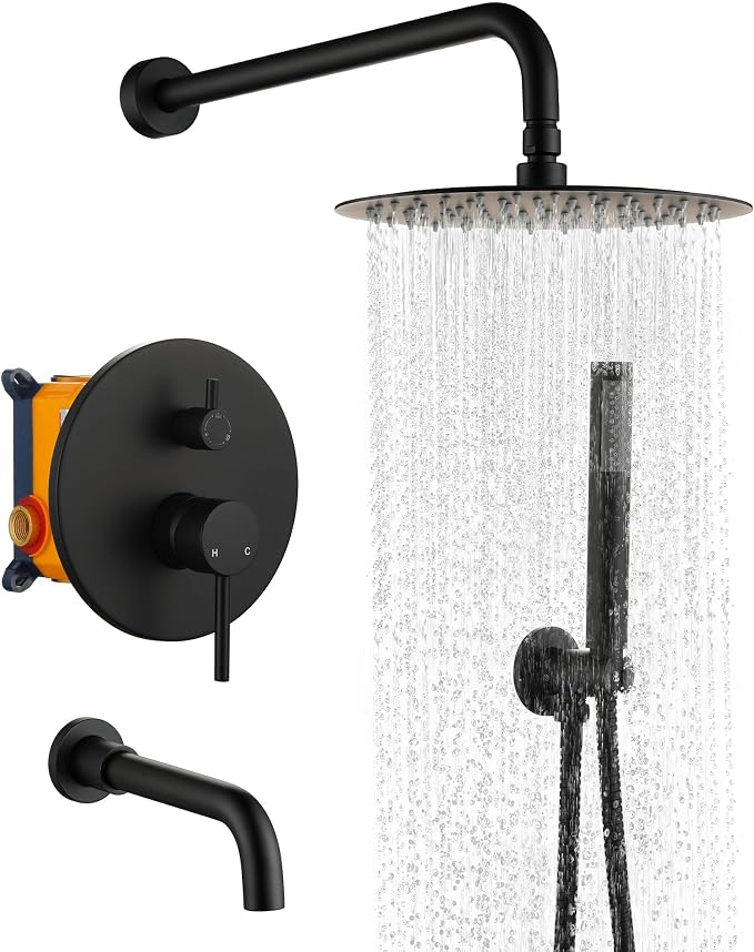 MONDAWE Round Shower Faucet Set with Tub Spout, Wall Mounted Shower System 10 Inch Rainfall Shower Head with Handheld Combo, Matte Black High Pressure Shower Faucets Sets Complete by MONDAWE