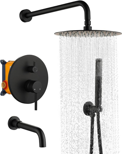 MONDAWE Round Shower Faucet Set with Tub Spout, Wall Mounted Shower System 10 Inch Rainfall Shower Head with Handheld Combo, Matte Black High Pressure Shower Faucets Sets Complete by MONDAWE