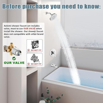 Aolemi Tub Shower Faucet Set With Valve Wall Mount Shower Trim Kit 6 Inch Bathtub Fixtures Rough-in Valve Single-Spray Shower Head System 5.3 Inch Tub Spout Polish Chrome Modern - Image 2