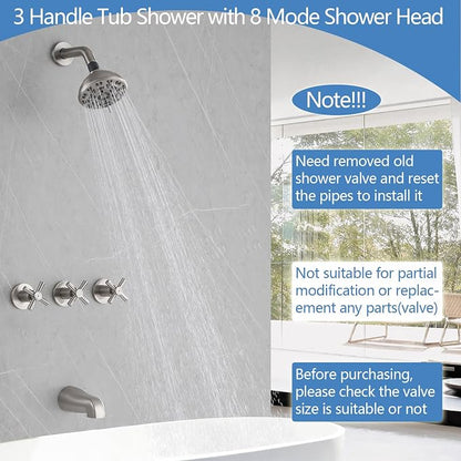 3 Handles Shower Faucet Set with Tub Spout Bathtub Shower Faucets Combo Set Shower System Complete Tub and Shower Trim Kit Shower Fixtures Brushed Nickel - Image 3