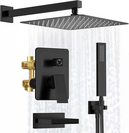 Kurpot Shower System with Tub Spout, All Metal Matte Black Shower Faucet Set with Valve, 10'' Rain Shower Head with Handheld Spray, 59'' Shower Hose and Diverter, Wall Mounted Bath Tub Faucet Set by Kurpot