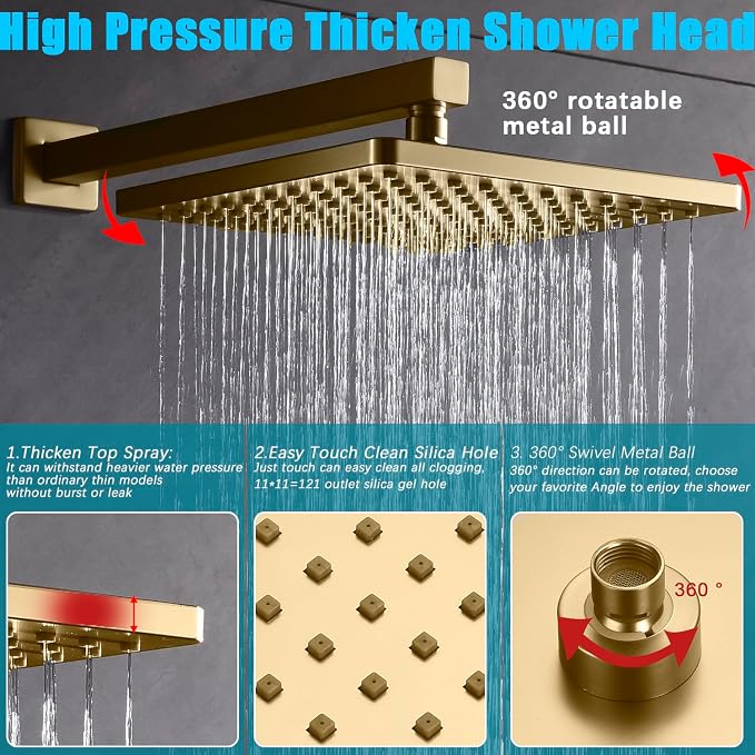 Shower System with Tub Spout 10 Inch Overhead Shower 4 Setting Handheld Spray Rough In Pressure Balance Valve Body with Trim Kit Wall Mounted Rainfall Bathtub Shower Faucet Set (Brushed Gold) - Image 3