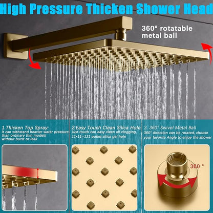 Shower System with Tub Spout 10 Inch Overhead Shower 4 Setting Handheld Spray Rough In Pressure Balance Valve Body with Trim Kit Wall Mounted Rainfall Bathtub Shower Faucet Set (Brushed Gold) - Image 3
