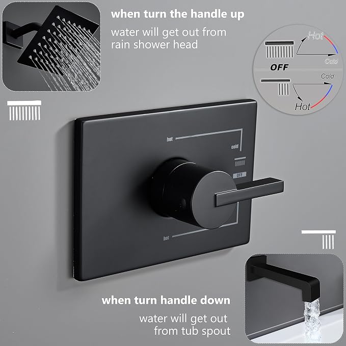 SOOOHOT Shower Fixtures, Black Shower Faucet Set with 6 Inch Matte Black Shower Head and Tub Spout, Black Shower Head and Handle Set (Valve Included) - Image 3