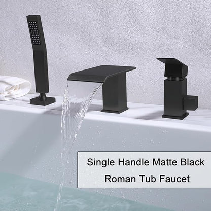 Waterfall Roman Tub Faucet with Hand Shower Matte Black 3 Hole Bathtub Faucet with Sprayer Deck Mount Bath Tub Filler Set - Image 2