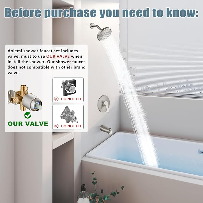 Aolemi Tub Shower Faucet Set With Valve Wall Mount Shower Trim Kit 6 Inch Bathtub Fixtures Rough-in Valve Single-Spray Shower Head System 5.3 Inch Tub Spout Brushed Nickel Modern - Image 2
