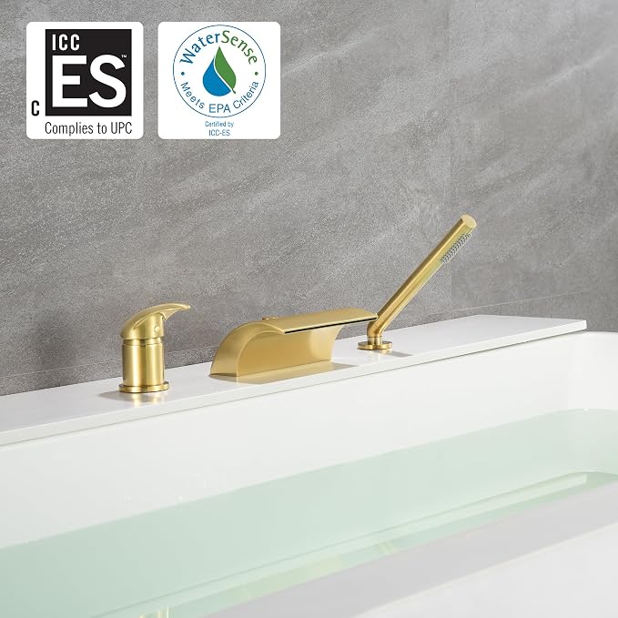 sumerain 3 Hole Roman Tub Faucet with Hand Shower, High Flow Single Handle Waterfall Bathtub Filler Brushed Gold Finish - Image 2