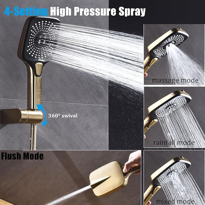 Shower Faucet Set with Tub Spout Brushed Gold 10 Inch Rainfall Shower 4 Setting Spray Mixer Shower System Modern Luxury Wall Mounted Tub Shower Faucet Set Rough-in Valve Body (Brushed Gold) - Image 6