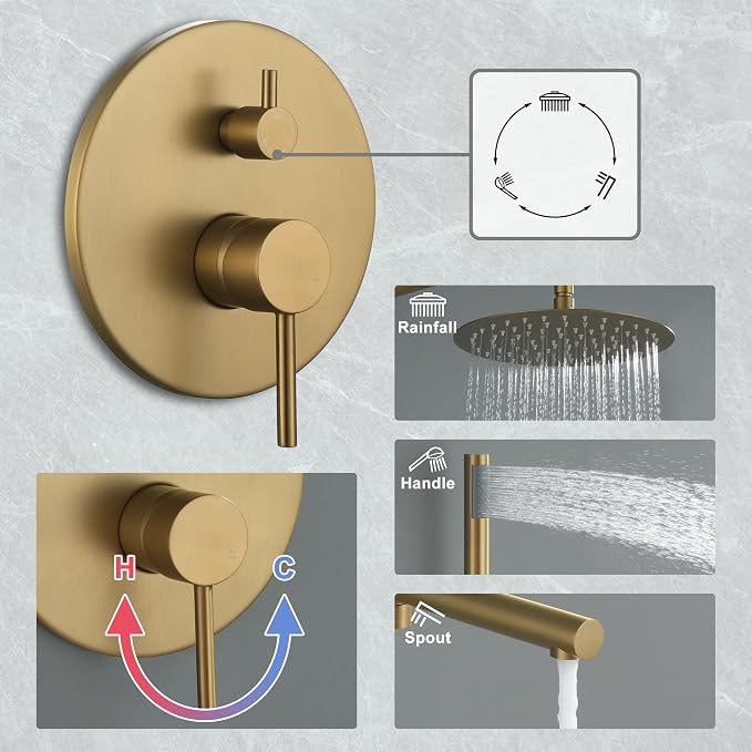 MONDAWE Round Shower Faucets Sets Complete with Tub Spout, Wall Mounted Shower System 10 Inch Rainfall Shower Head with Handheld Combo, Brushed Gold High Pressure Shower Faucet Set - Image 4