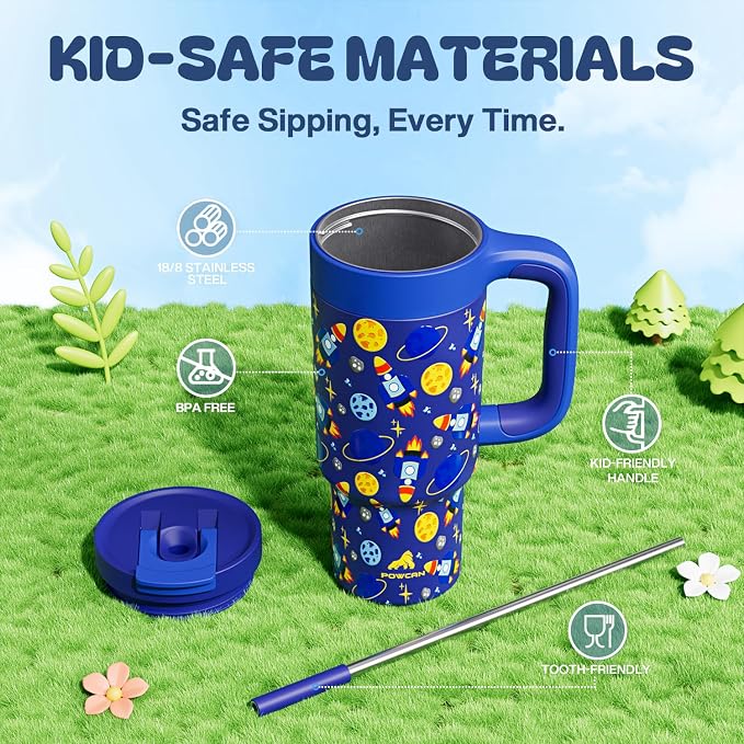 24 oz Stainless Steel Tumbler for Children: Durable Handle, Easy to Clean, Straw Gulp Lid, Car Cup Holder Friendly, Insulated Cup for Sport, Hiking, Carry, Adventures, Bag, Classroom (Space Rocket) - Image 5