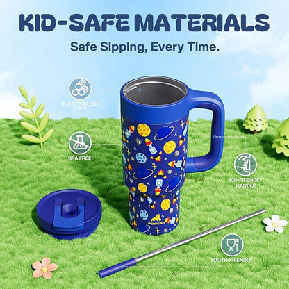 24 oz Stainless Steel Tumbler for Children: Durable Handle, Easy to Clean, Straw Gulp Lid, Car Cup Holder Friendly, Insulated Cup for Sport, Hiking, Carry, Adventures, Bag, Classroom (Space Rocket) - Image 5