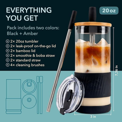 Pandaloo® Glass Cups With Lids and Straws -20 Fl Oz- Perfect Size Iced Coffee Cup - Smoothie Cup With Bamboo Lid and On the go Lid - Glass Tumbler (2 Count (Pack of 1), Amber Sand-Black Saphir) - Image 2