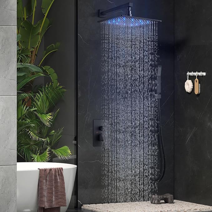 Aolemi Shower Faucet Set with Handheld Spray High Pressure Shower System Shower Faucets Sets Complete Rough-in Valve and Shower Trim Kit Wall Mount Rainfall 12 Inch LED Shower Head Matte Black - Image 4