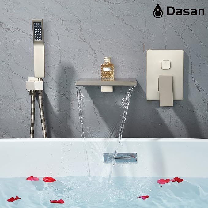 Upgraded Wall Mount Tub Filler Faucet with Handheld Shower, DASAN Modern Wall Mounted Bathtub Faucet Brushed Nickel High Flow Waterfall Tub Faucet with Rough in Valve, SA-TF04WH-BN - Image 7
