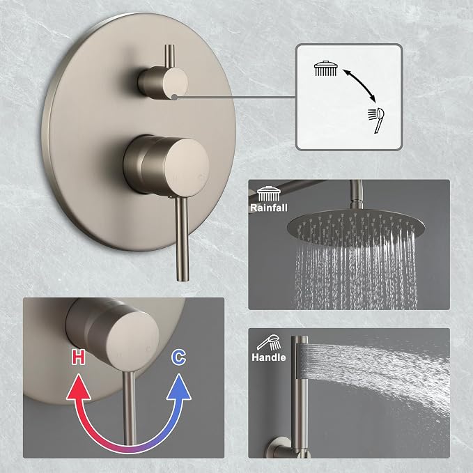 MONDAWE Round Shower Faucet Set, Wall Mounted Shower System 10 Inch Rainfall Shower Head with Handheld Combo, Brushed Nickle High Pressure Shower Set -Valve Included - Image 5