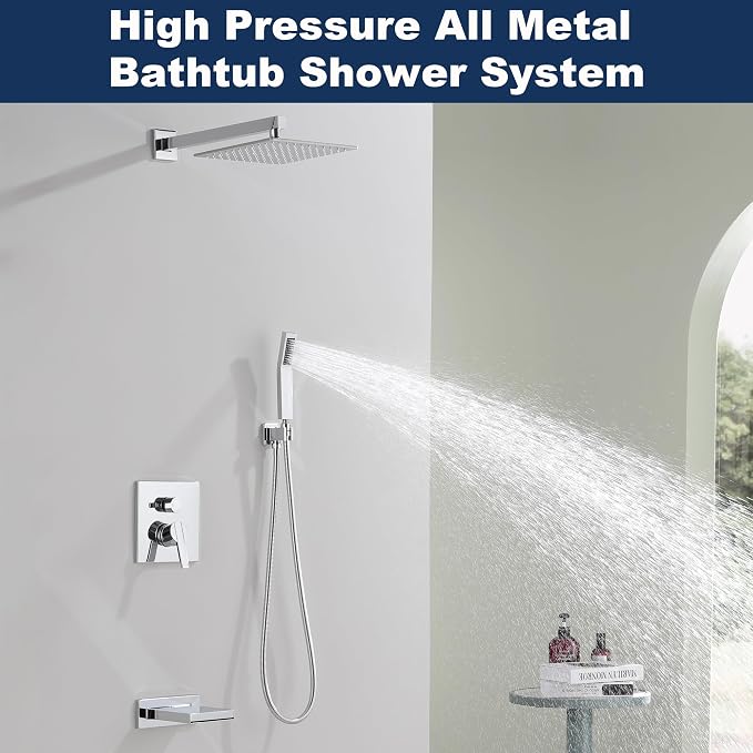 Shower System with Tub Spout, All Metal Bathtub Shower Faucet Set with High Pressure 10 Inch Rain Shower Head and Handheld Shower Head Set, Chrome (Valve Include) - Image 2